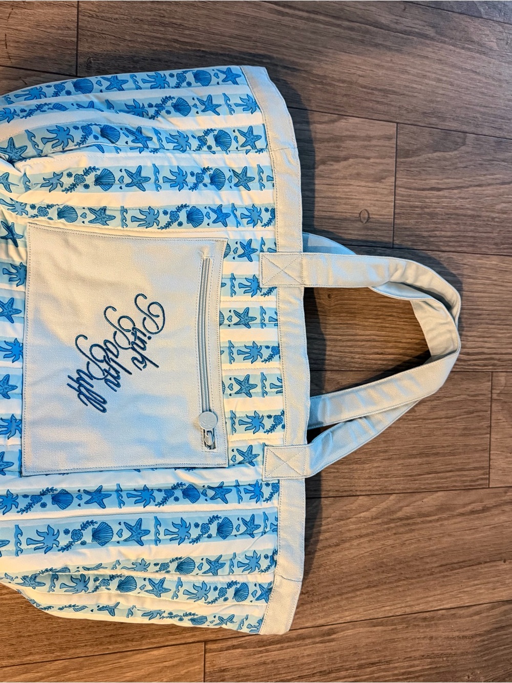 Reversible quilted pink palm puff tote bag